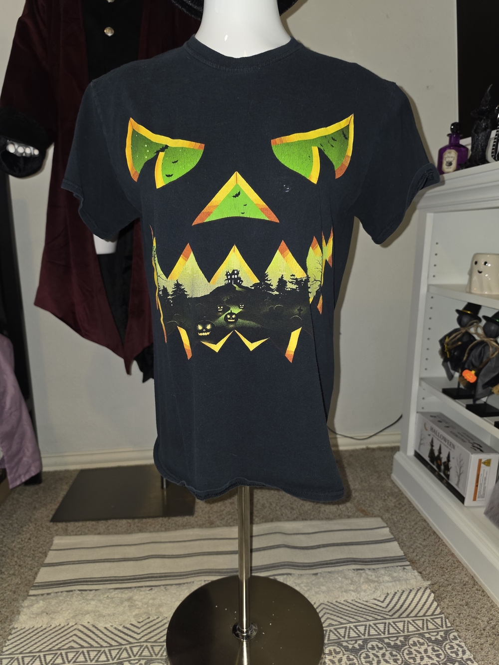 Kids Black Halloween Jack-O'-Lantern Graphic Tee with Neon Green Accents